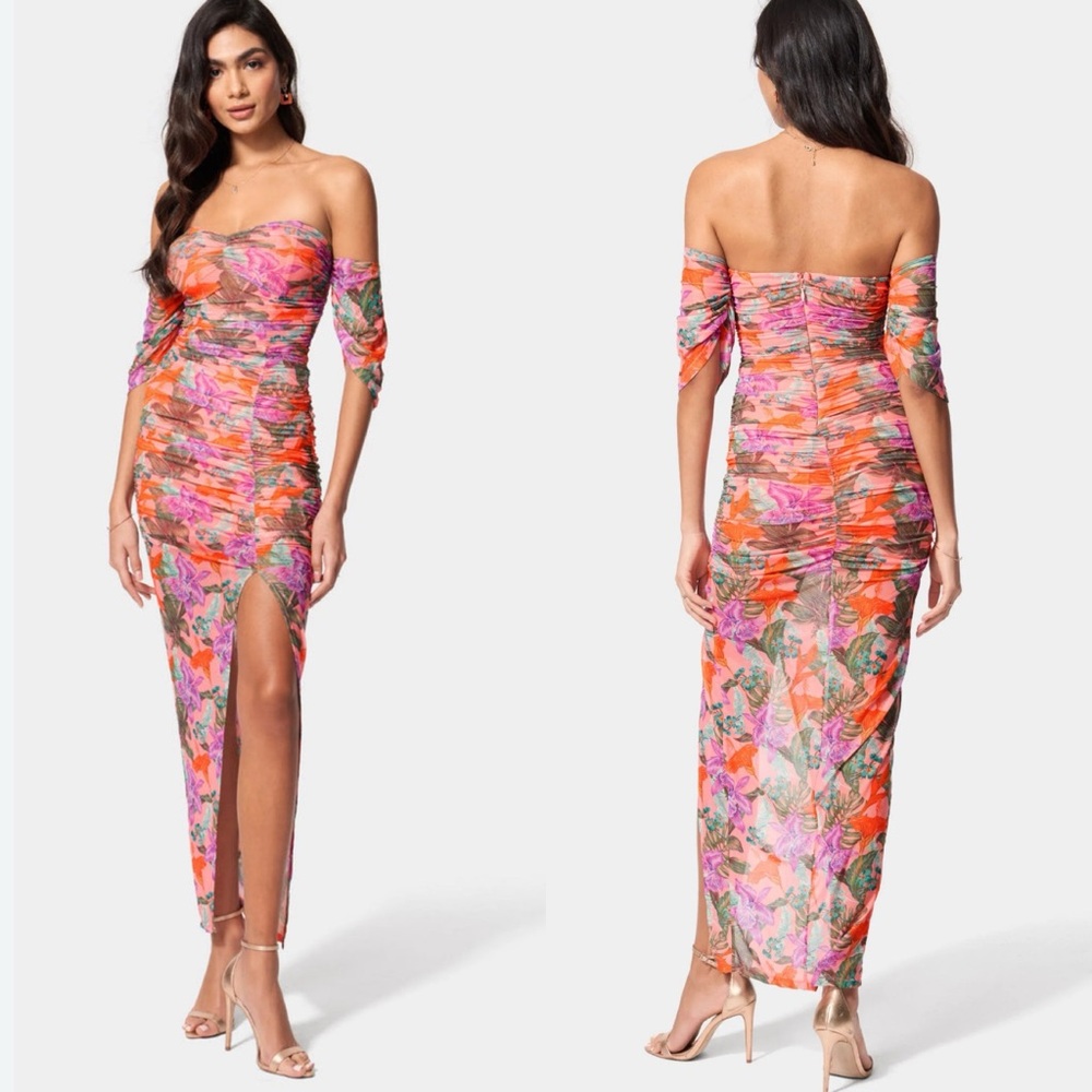 NWT Bebe Off Shoulder Mesh Bodycon Maxi Gown in Tropicana Size XL